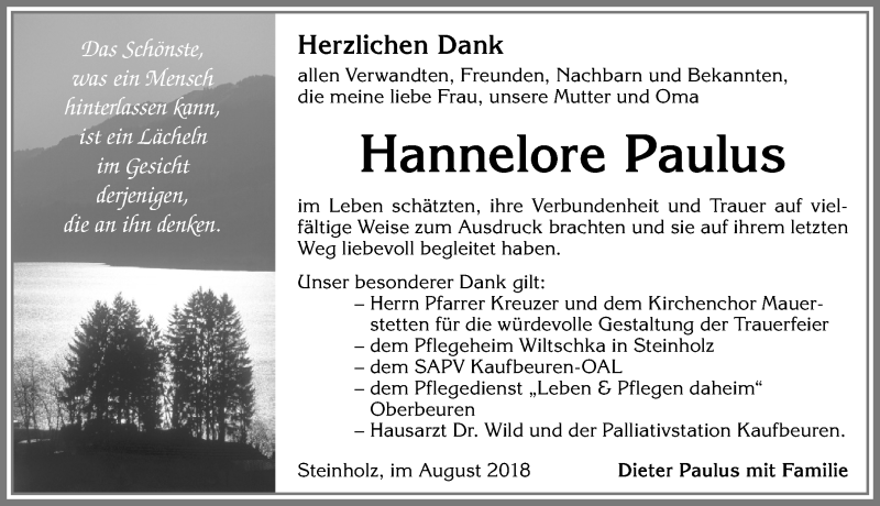 Traueranzeige von Hannelore Paulus von Allgäuer Zeitung, Kaufbeuren/Buchloe