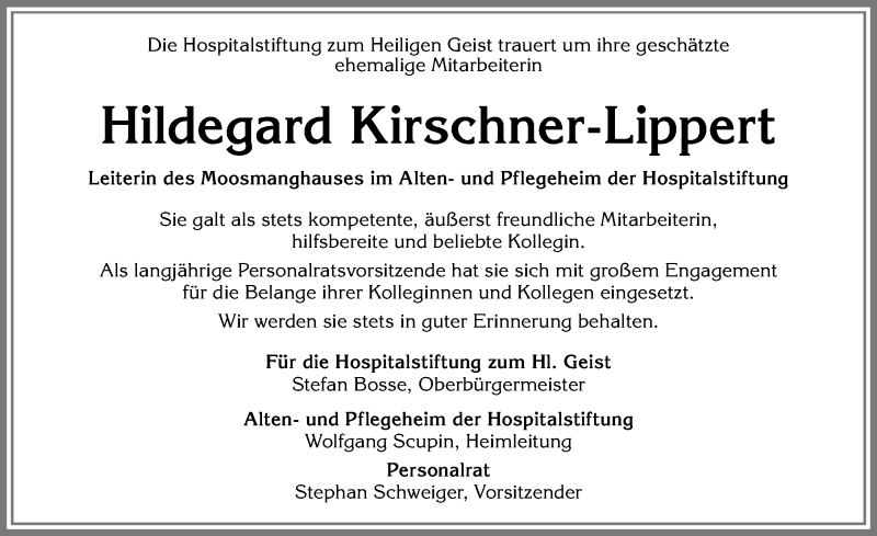 Traueranzeige von Hildegard Kirschner-Lippert von Allgäuer Zeitung, Kaufbeuren/Buchloe