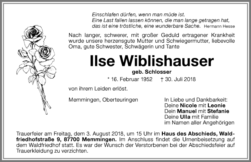 Traueranzeige von Ilse Wiblishauser von Memminger Zeitung