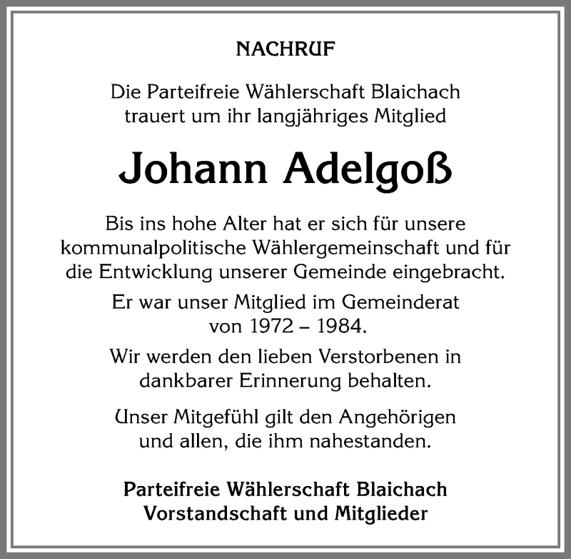 Traueranzeige von Johann Adelgoß von Allgäuer Anzeigeblatt