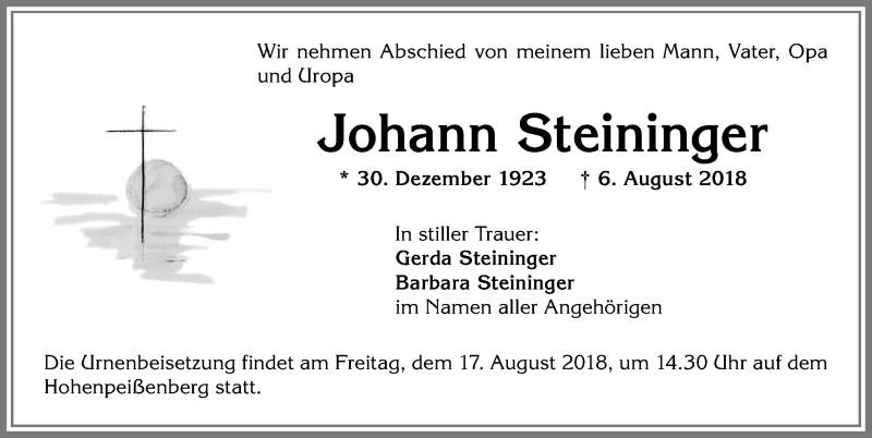 Traueranzeige von Johann Steininger von Allgäuer Zeitung, Marktoberdorf