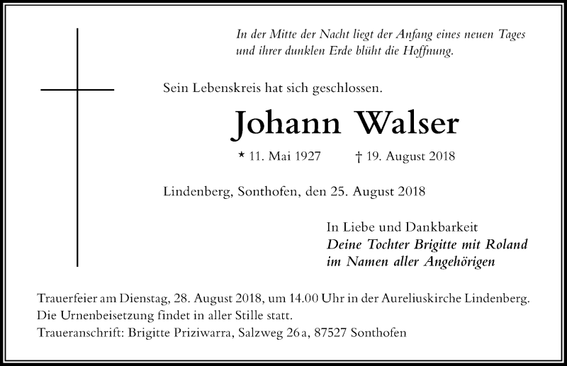 Traueranzeige von Johann Walser von Der Westallgäuer