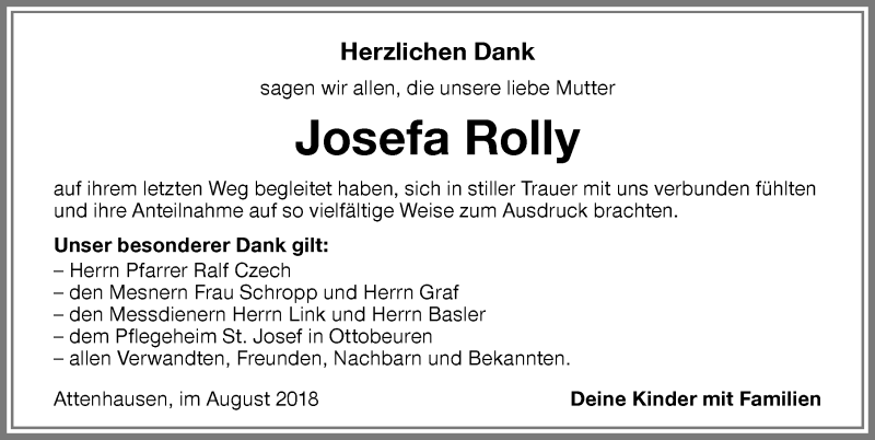 Traueranzeige von Josefa Rolly von Memminger Zeitung