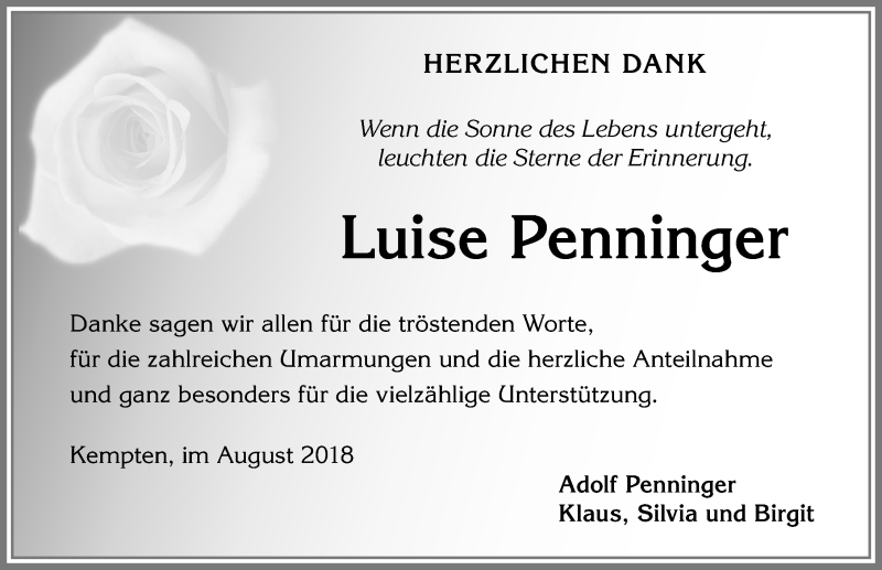 Traueranzeige von Luise Penninger von Allgäuer Zeitung,Kempten
