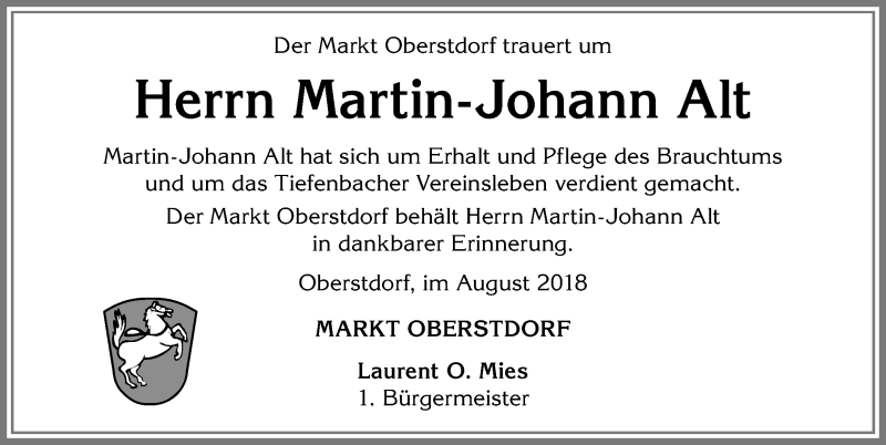 Traueranzeige von Martin-Johann Alt von Allgäuer Anzeigeblatt