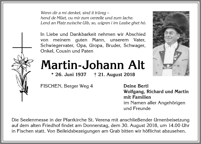 Traueranzeige von Martin-Johann Alt von Allgäuer Anzeigeblatt