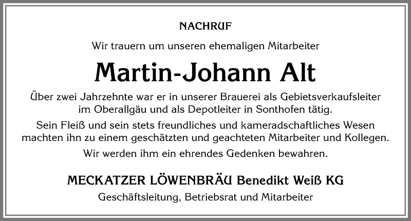 Traueranzeige von Martin-Johann Alt von Allgäuer Anzeigeblatt