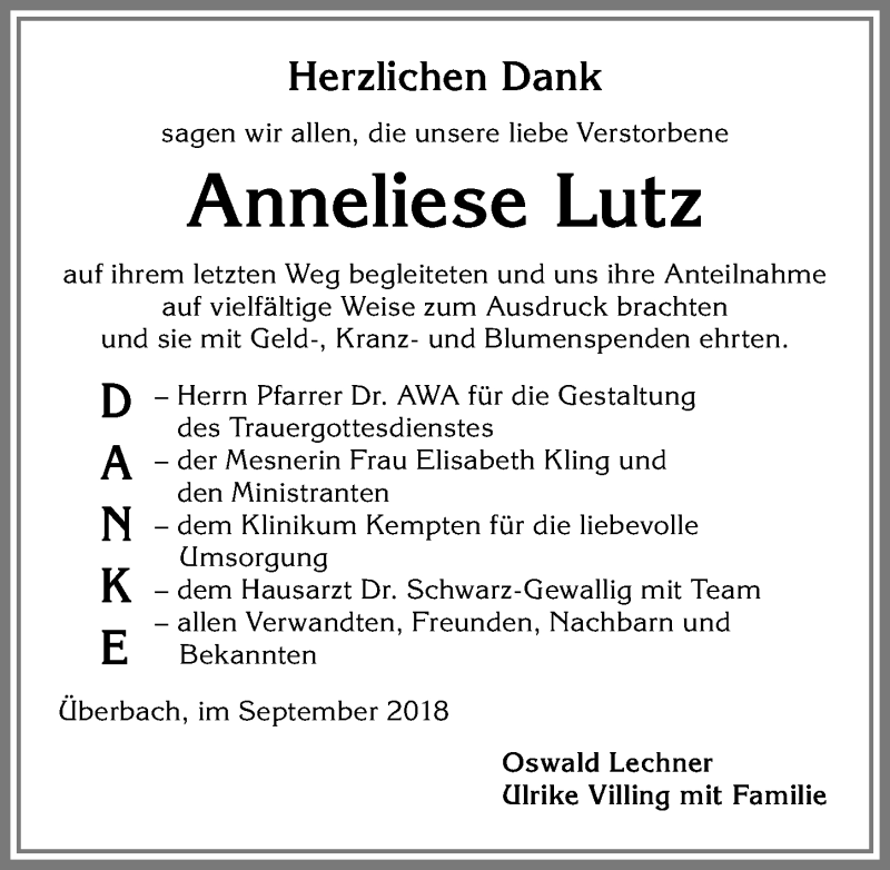 Traueranzeige von Anneliese Lutz von Allgäuer Zeitung,Kempten