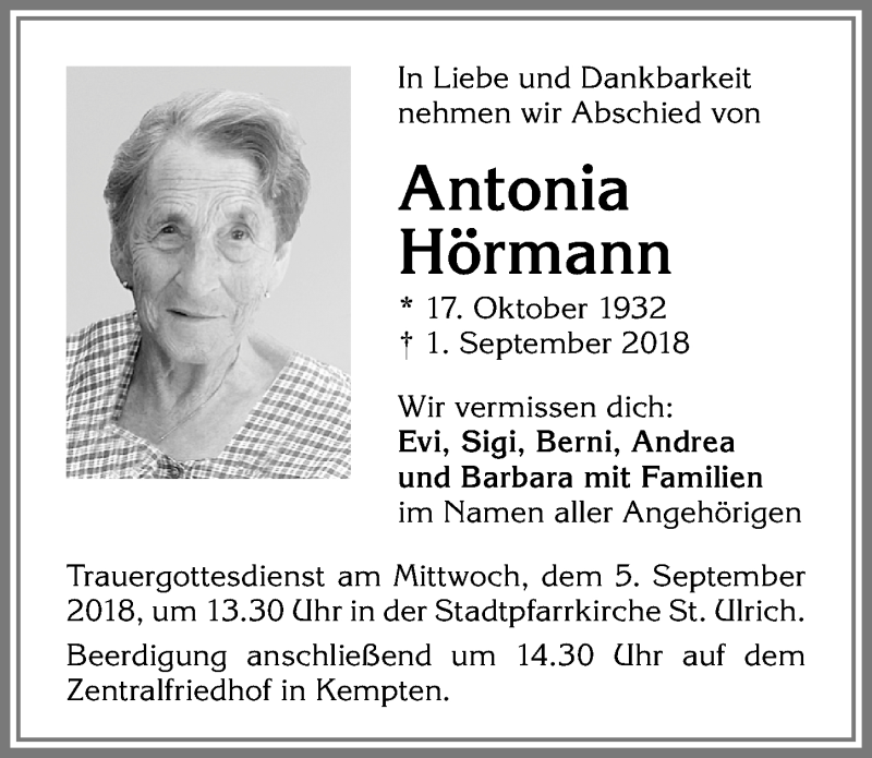 Traueranzeige von Antonia Hörmann von Allgäuer Zeitung,Kempten