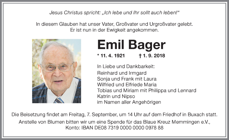 Traueranzeige von Emil Bager von Memminger Zeitung