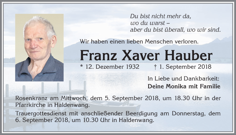 Traueranzeige von Franz Xaver Hauber von Allgäuer Zeitung,Kempten