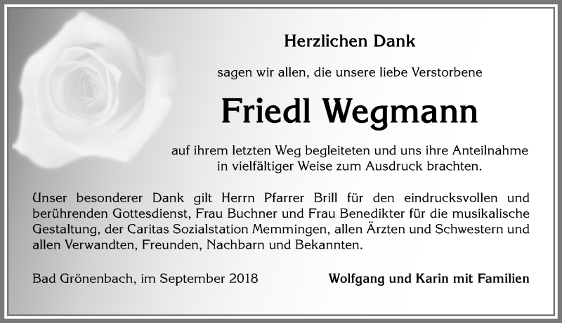 Traueranzeige von Friedl Wegmann von Memminger Zeitung