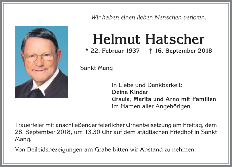 Traueranzeige von Helmut Hatscher von Allgäuer Zeitung,Kempten