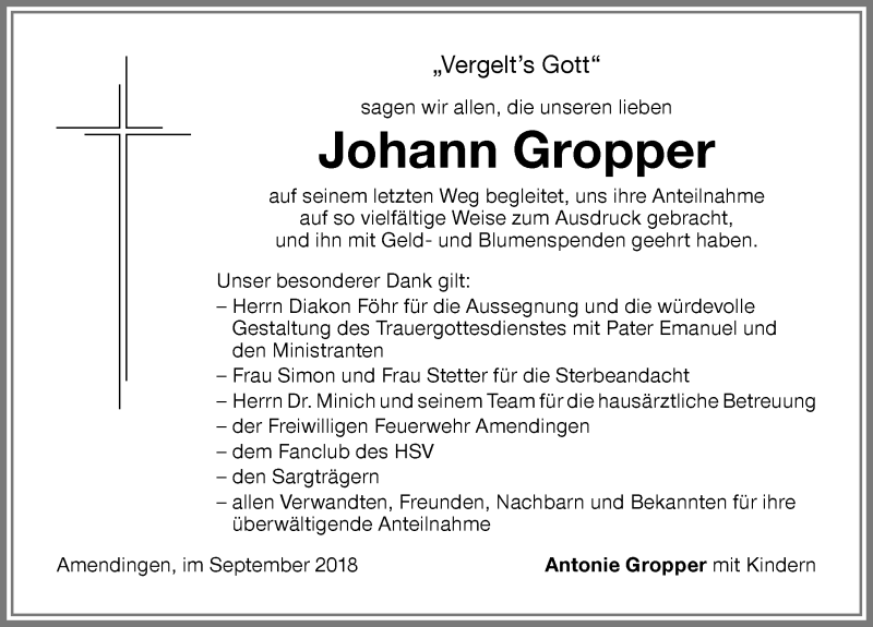 Traueranzeige von Johann Gropper von Memminger Zeitung