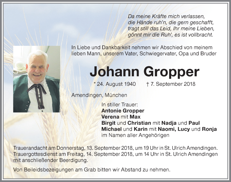 Traueranzeige von Johann Gropper von Memminger Zeitung