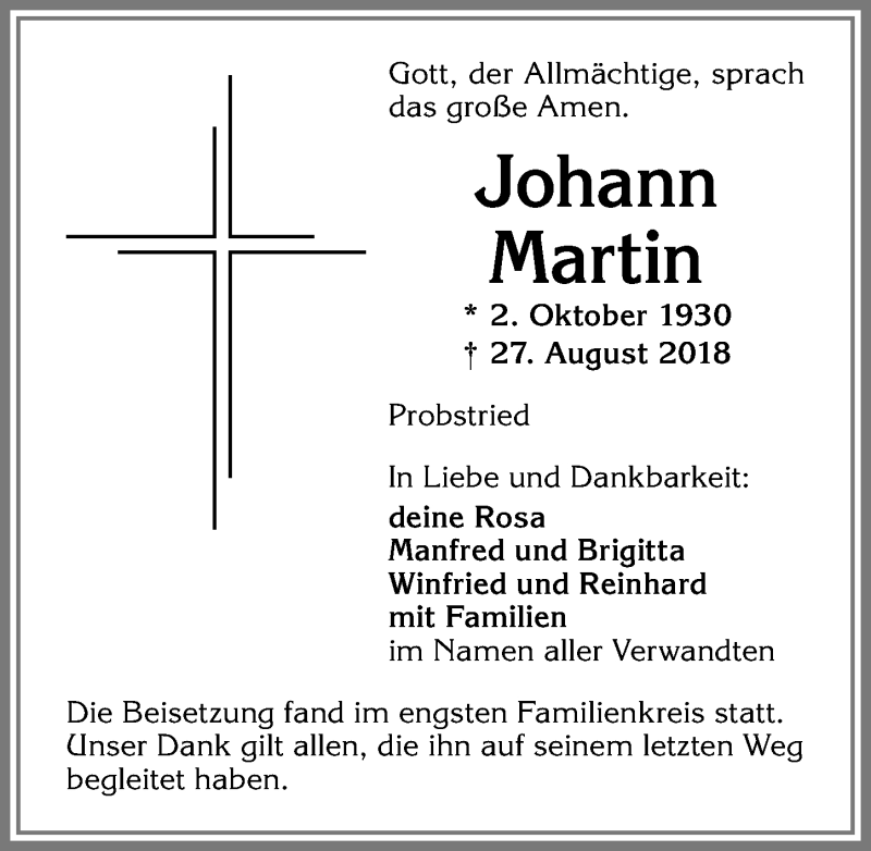 Traueranzeige von Johann Martin von Allgäuer Zeitung,Kempten