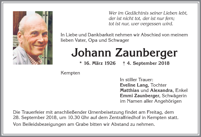 Traueranzeige von Johann Zaunberger von Allgäuer Zeitung,Kempten