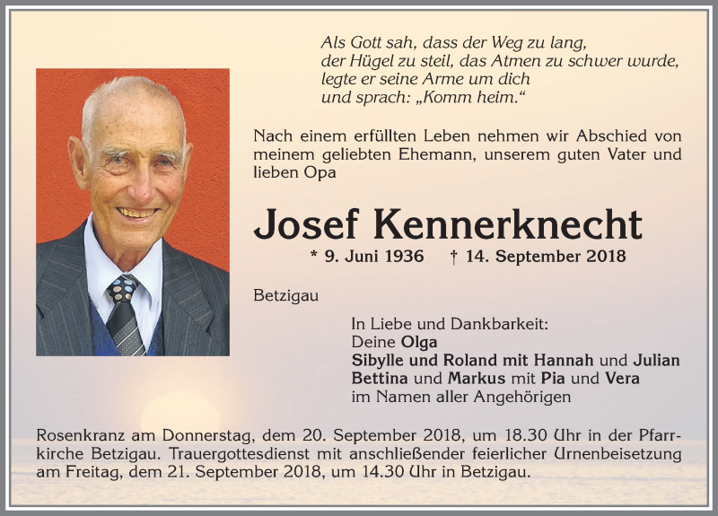 Traueranzeige von Josef Kennerknecht von Allgäuer Zeitung,Kempten