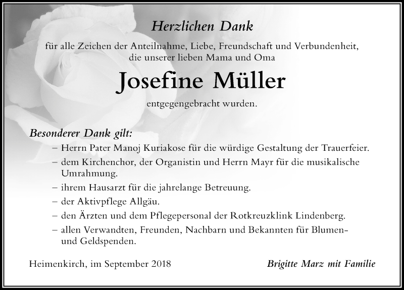 Traueranzeige von Josefine Müller von Der Westallgäuer