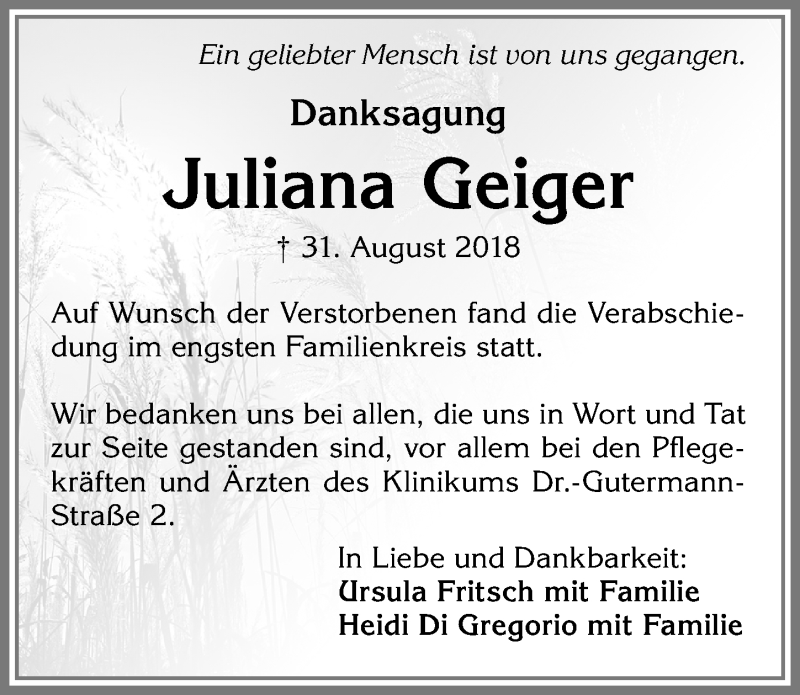 Traueranzeige von Juliana Geiger von Allgäuer Zeitung, Kaufbeuren/Buchloe