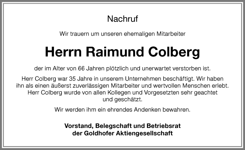 Traueranzeige von Raimund Colberg von Memminger Zeitung