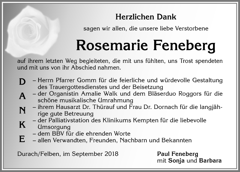Traueranzeige von Rosemarie Feneberg von Allgäuer Zeitung,Kempten