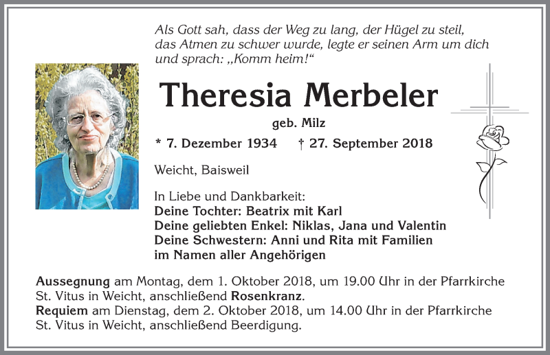 Traueranzeige von Theresia Merbeler von Allgäuer Zeitung, Kaufbeuren/Buchloe