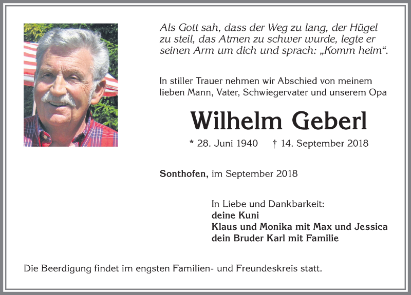 Traueranzeige von Wilhelm Geberl von Allgäuer Anzeigeblatt