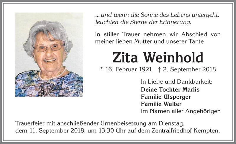 Traueranzeige von Zita Weinhold von Allgäuer Zeitung,Kempten