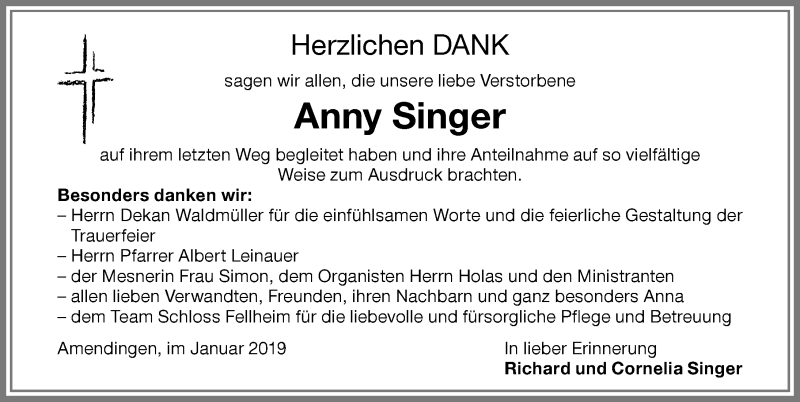 Traueranzeige von Anny Singer von Memminger Zeitung