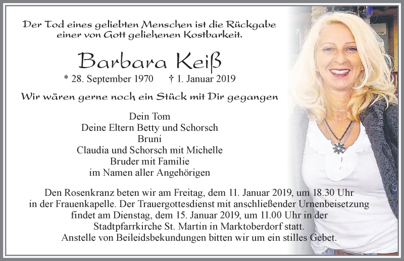  Traueranzeige für Barbara Keiß vom 10.01.2019 aus Allgäuer Zeitung, Marktoberdorf