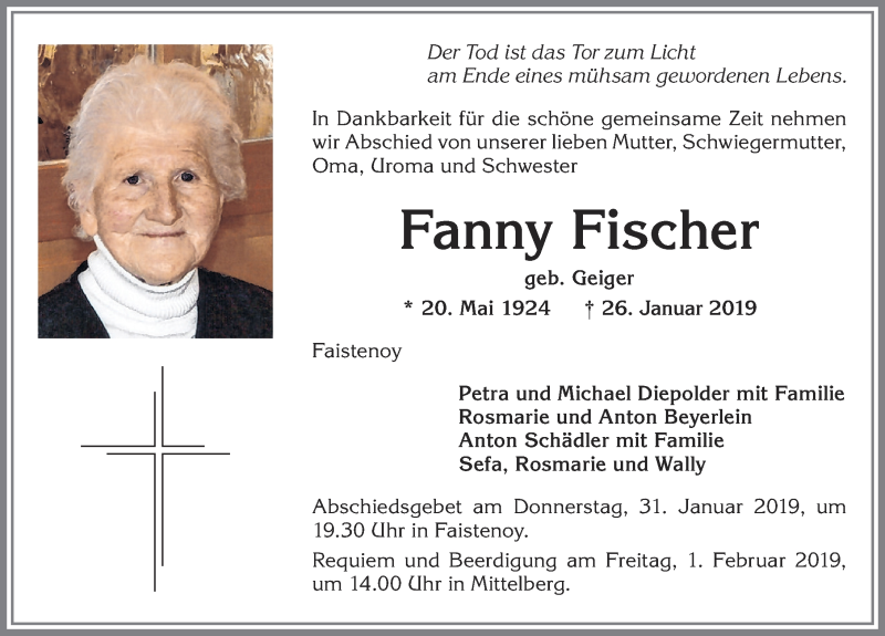 Traueranzeige von Fanny Fischer von Allgäuer Zeitung,Kempten