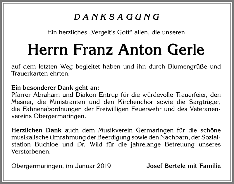 Traueranzeige von Franz Anton Gerle von Allgäuer Zeitung, Kaufbeuren/Buchloe