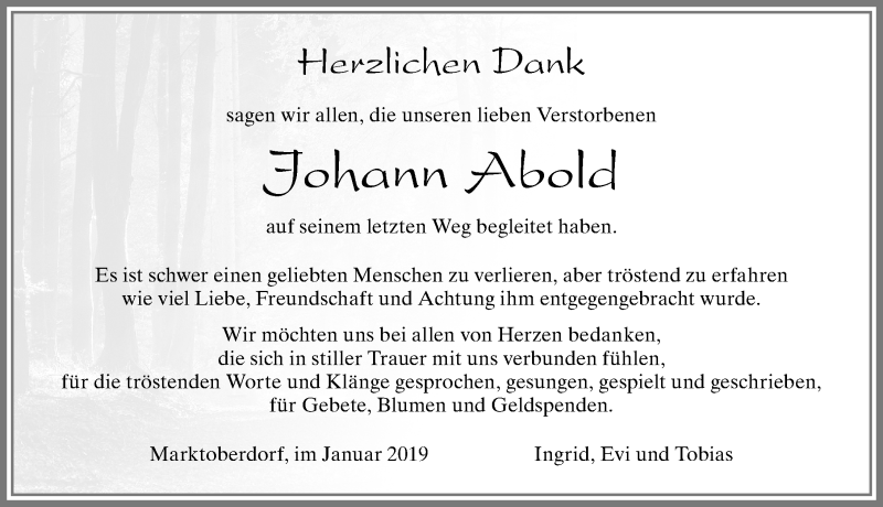 Traueranzeige von Johann Abold von Allgäuer Zeitung, Marktoberdorf