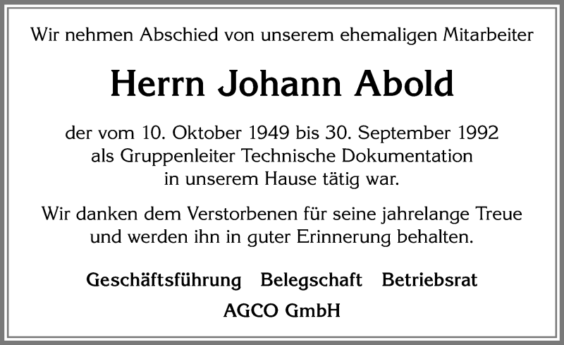 Traueranzeige von Johann Abold von Allgäuer Zeitung, Marktoberdorf