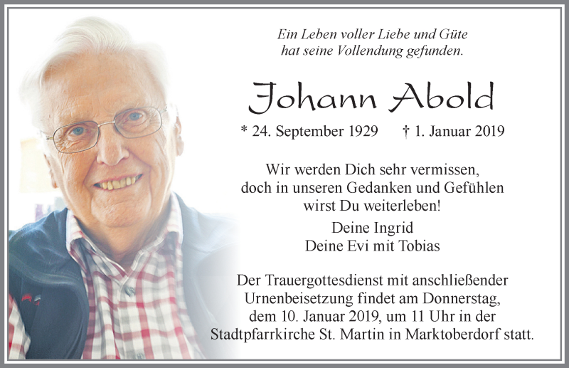 Traueranzeige von Johann Abold von Allgäuer Zeitung, Marktoberdorf