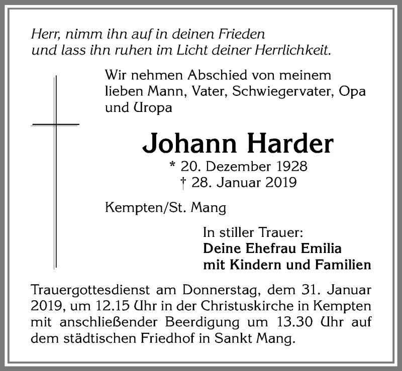 Traueranzeige von Johann Harder von Allgäuer Zeitung,Kempten