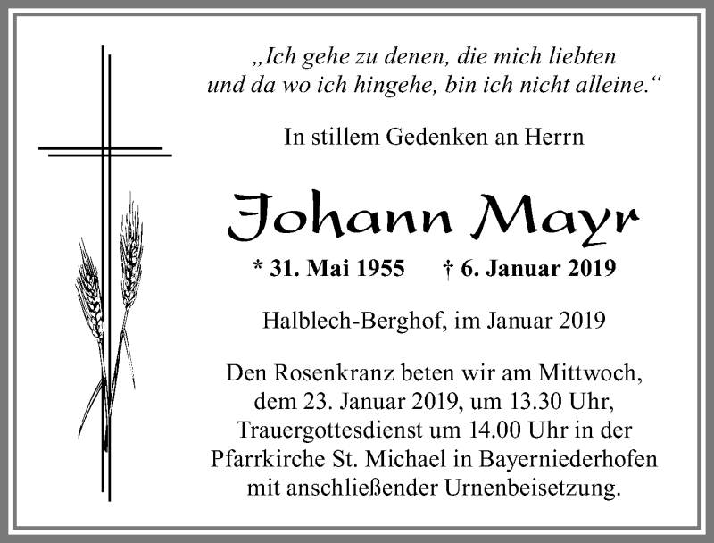 Traueranzeige von Johann Mayr von Allgäuer Zeitung, Füssen