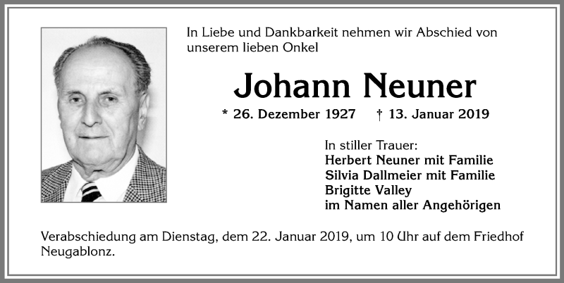 Traueranzeige von Johann Neuner von Allgäuer Zeitung, Kaufbeuren/Buchloe