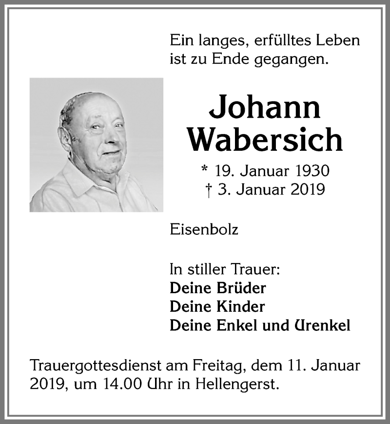 Traueranzeige von Johann Wabersich von Allgäuer Zeitung,Kempten