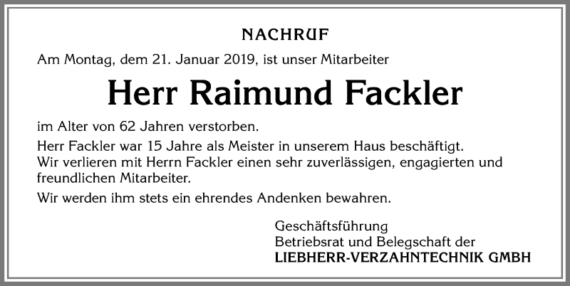 Traueranzeige von Raimund Fackler von Allgäuer Zeitung