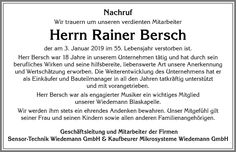 Traueranzeige von Rainer Bersch von Allgäuer Zeitung, Kaufbeuren/Buchloe