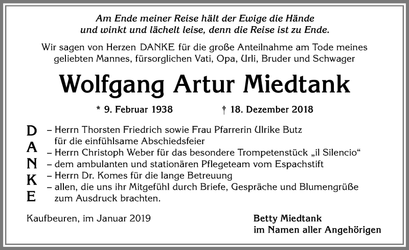 Traueranzeige von Wolfgang Artur Miedtank von Allgäuer Zeitung, Kaufbeuren/Buchloe