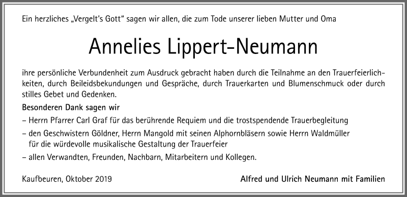 Traueranzeige von Annelies Lippert-Neumann von Allgäuer Zeitung, Kaufbeuren/Buchloe