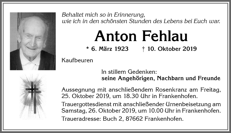 Traueranzeige von Anton Fehlau von Allgäuer Zeitung, Kaufbeuren/Buchloe