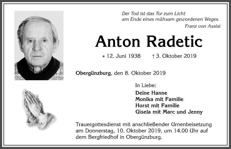 Traueranzeige von Anton Radetic von Allgäuer Zeitung, Marktoberdorf