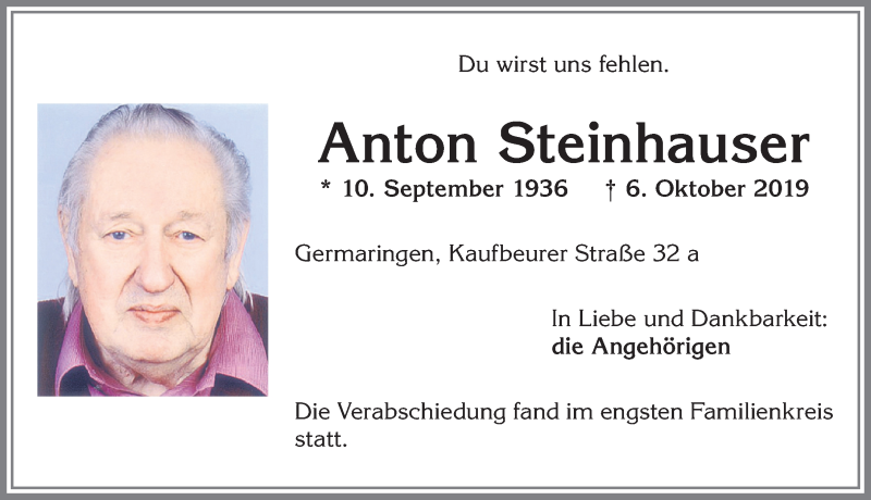 Traueranzeige von Anton Steinhauser von Allgäuer Zeitung, Kaufbeuren/Buchloe