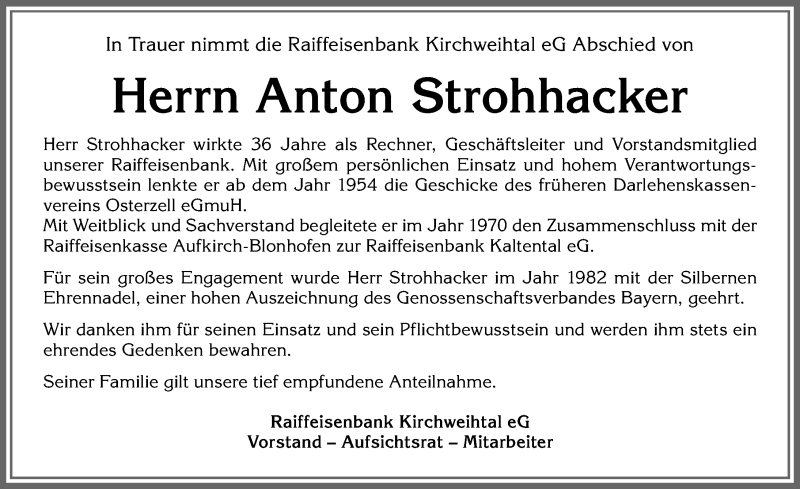 Traueranzeige von Anton Strohhacker von Allgäuer Zeitung, Kaufbeuren/Buchloe