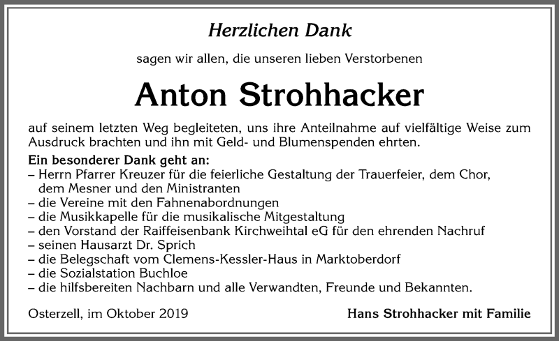 Traueranzeige von Anton Strohhacker von Allgäuer Zeitung, Kaufbeuren/Buchloe