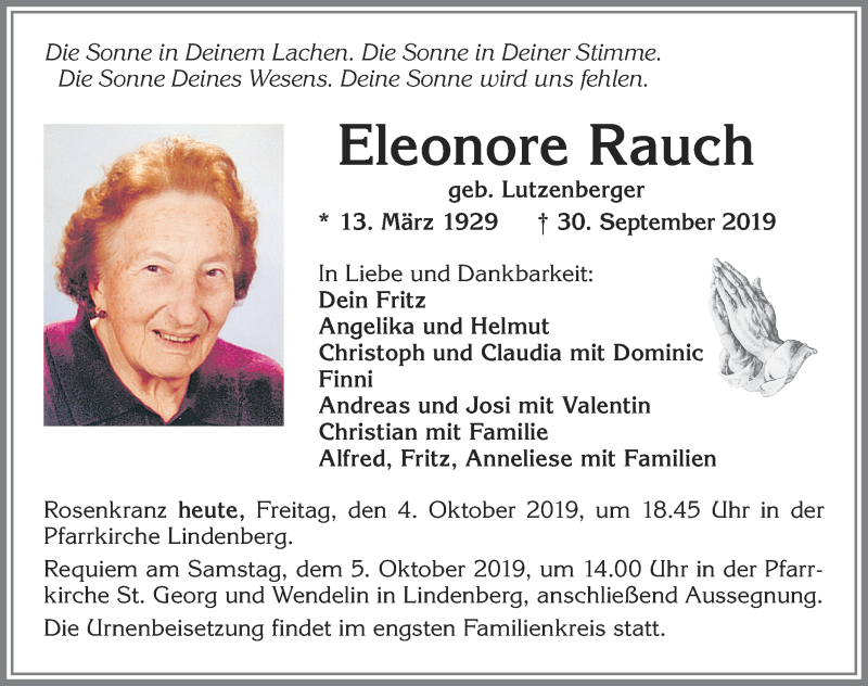 Traueranzeige von Eleonore Rauch von Allgäuer Zeitung, Kaufbeuren/Buchloe